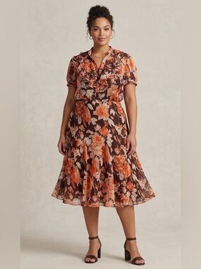 2 piece Lauren Ralph Lauren Floral Chiffon Skirt & Ruffle Blouse Set - Size L